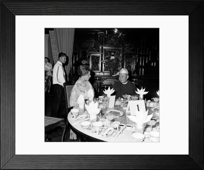 Framed Print : Princess Alexandra of Kent wearing a traditional Burmese costume at a private dinner in Framed Print : Princess Alexandra of Kent wearing a traditional Burmese costume at a private dinner in