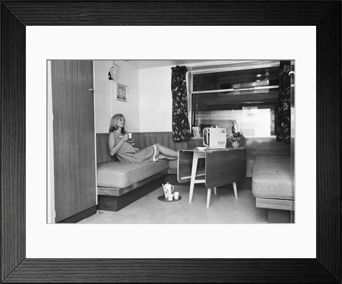 Framed Print : The Earls Court Caravan Show, in London. 1965. Picture shows a model Framed Print : The Earls Court Caravan Show, in London. 1965. Picture shows a model