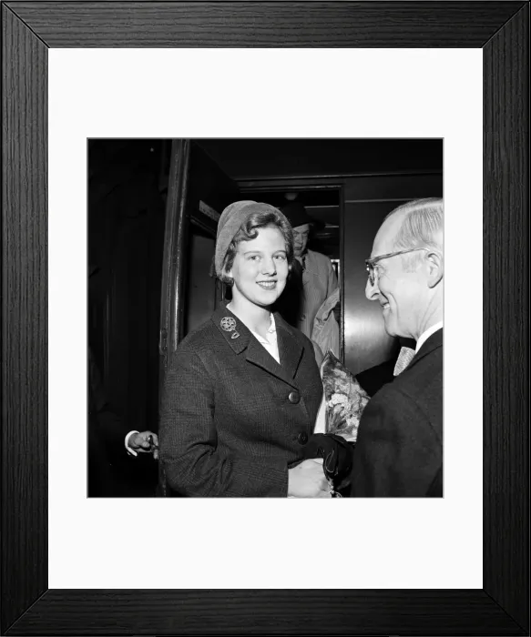 Framed Print : Princess Margrethe of Denmark arrives in London to study at Cambridge. 2nd October 1960 Framed Print : Princess Margrethe of Denmark arrives in London to study at Cambridge. 2nd October 1960