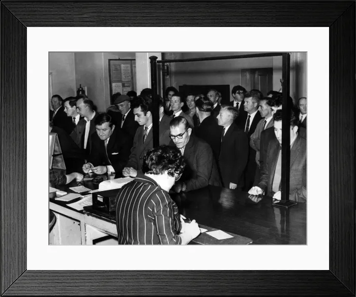 Framed Print : Workers employed by Hoover Ltd sign on for unemployment benefit at Merthyr Employment Framed Print : Workers employed by Hoover Ltd sign on for unemployment benefit at Merthyr Employment