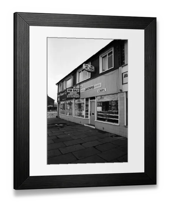 Framed Print : Fish and chip shop in Middlesbrough for sale. 1975