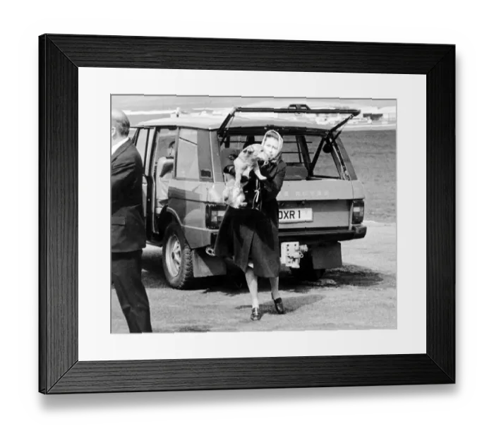 Framed Print : Queen Elizabeth II with one of her corgi dogs. After taking a break in Balmoral Framed Print : Queen Elizabeth II with one of her corgi dogs. After taking a break in Balmoral