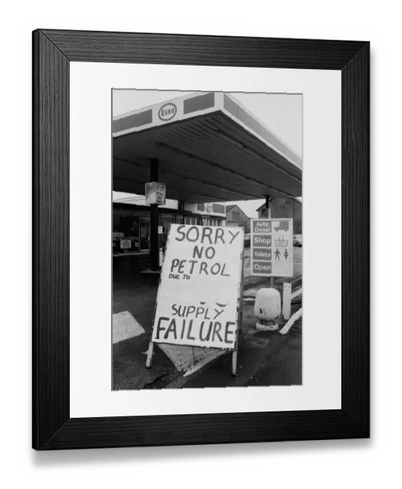 Framed Print : No petrol signs at garage during the strike at Kingsbury Oil Depot, near Birmingham