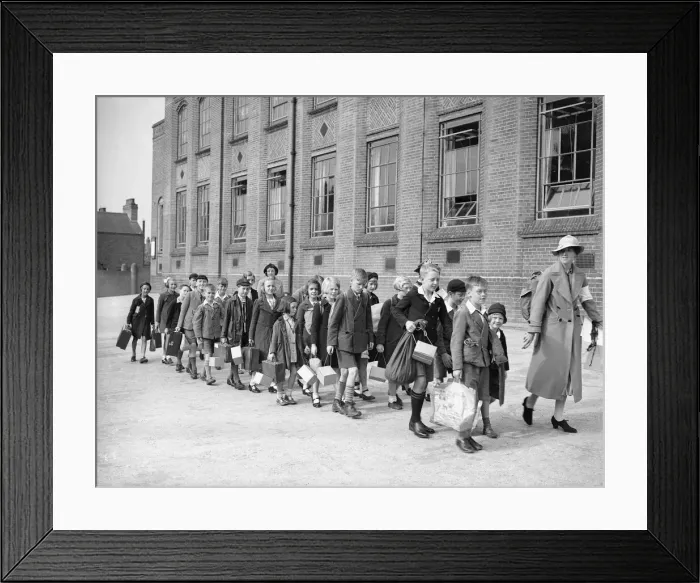 Framed Print : Children of St. Benedicts Road School, Small Heath during their evacuation rehearsal Framed Print : Children of St. Benedicts Road School, Small Heath during their evacuation rehearsal