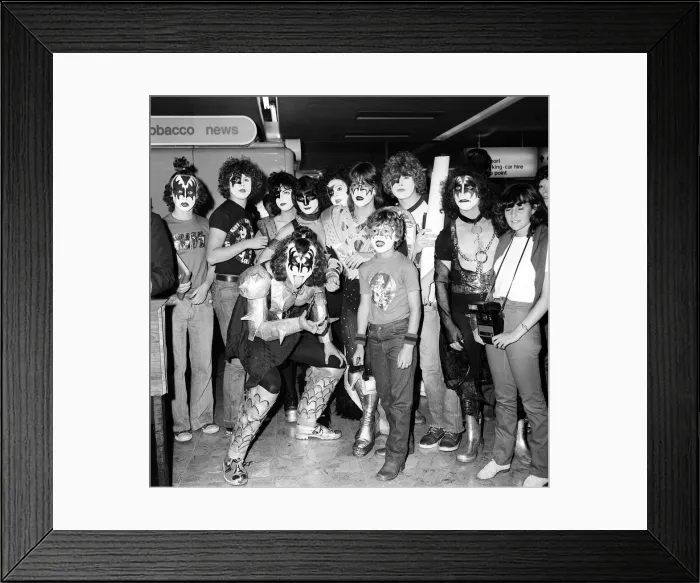 Framed Print : The Pop Group Kiss pose with their fans in full make at Heathrow Airport. September 1980 Framed Print : The Pop Group Kiss pose with their fans in full make at Heathrow Airport. September 1980