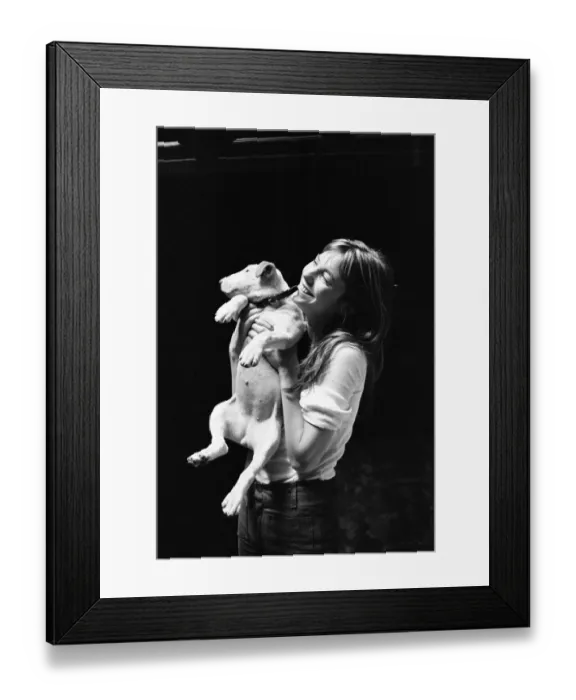 Framed Print : Jane Birkin with pet dog, pictured at home in Paris, France, Sunday 7th May 1972 Framed Print : Jane Birkin with pet dog, pictured at home in Paris, France, Sunday 7th May 1972