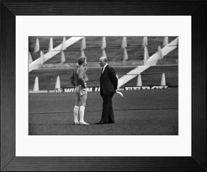 Framed Print : Manchester United training at Old Trafford. Denis Law and Matt Busby. 23rd April 1968