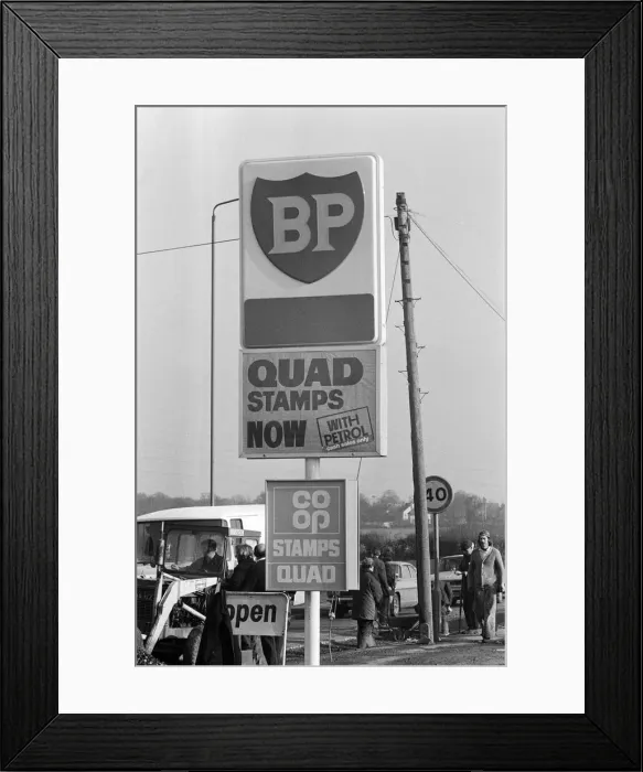 Framed Print : Petrol station sign, West Midlands. 19th February 1975 Framed Print : Petrol station sign, West Midlands. 19th February 1975