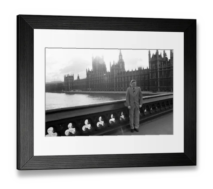 Framed Print : TV star Mike Yarwood outside the Houses of Parliament. 7th November 1975