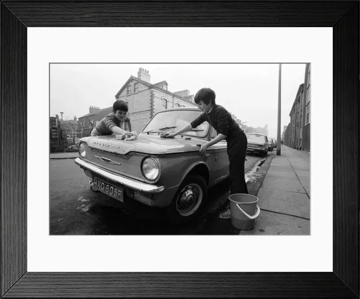 Framed Print : Youth club boys clean cars. 1971