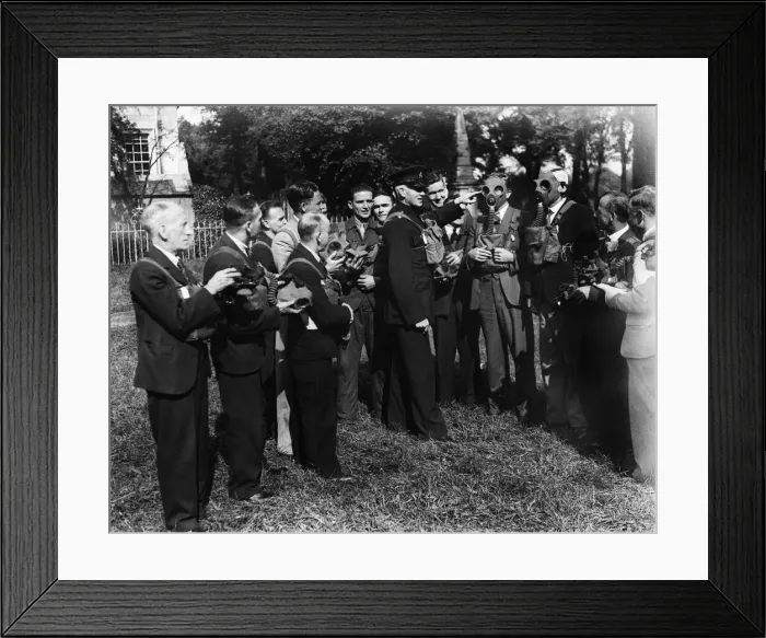 Framed Print : Members of the Western Mails A. P. R team at gas mask drill. 29th September 1938 Framed Print : Members of the Western Mails A. P. R team at gas mask drill. 29th September 1938