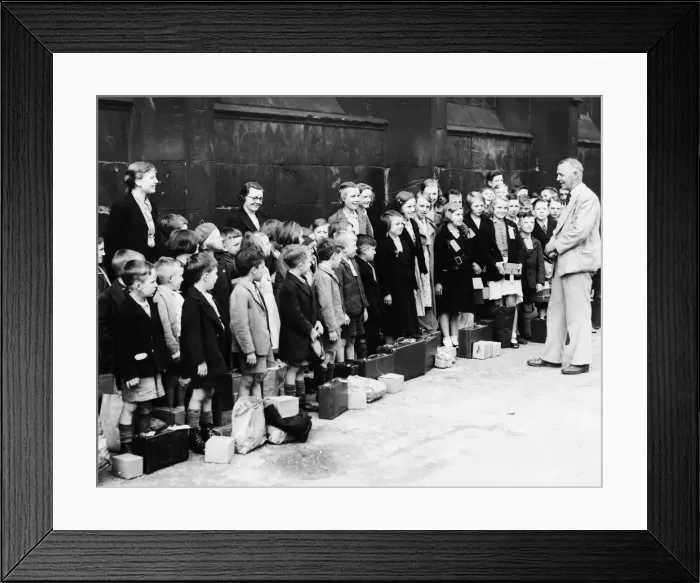 Framed Print : Evacuations of school children rehearsal. Children receiving instructions at St Framed Print : Evacuations of school children rehearsal. Children receiving instructions at St