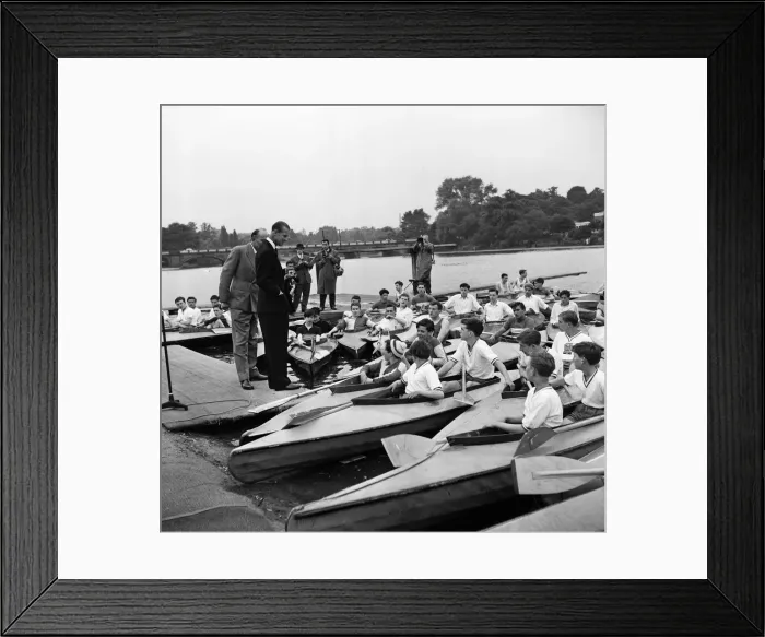 Framed Print : The Duke of Edinburgh reviews the canoes of the Boys Clubs of London at The Serpentine