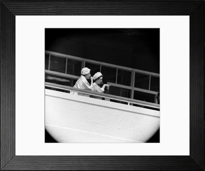Framed Print : Derby Day at Epsom. Pictured, Queen Elizabeth II and Princess Margaret watching a race Framed Print : Derby Day at Epsom. Pictured, Queen Elizabeth II and Princess Margaret watching a race