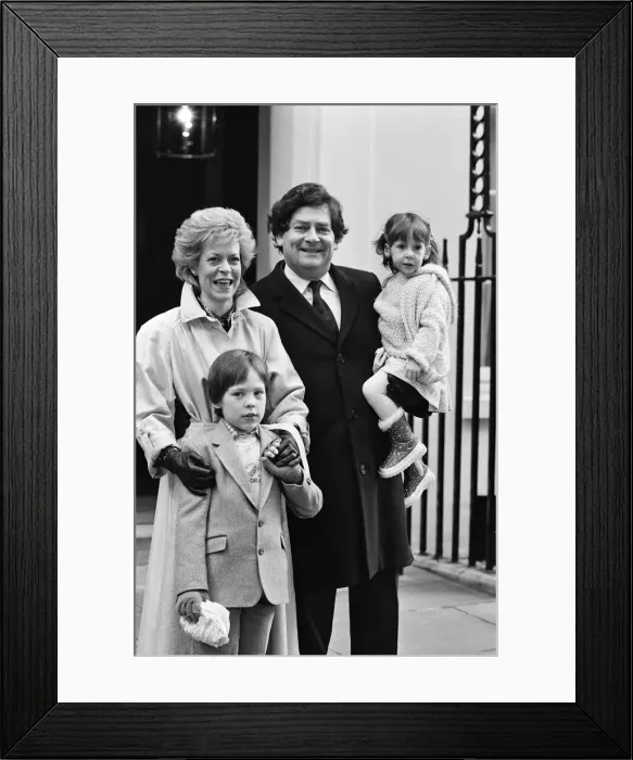 Framed Print : Chancellor of the Exchequer Nigel Lawson and his wife Therese with their children outside