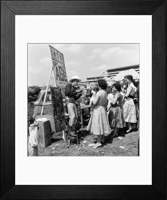 Framed Print : Derby Day at Epsom. Pictured, Guess Your Age'man dressed in a cowboy suit Framed Print : Derby Day at Epsom. Pictured, Guess Your Age'man dressed in a cowboy suit
