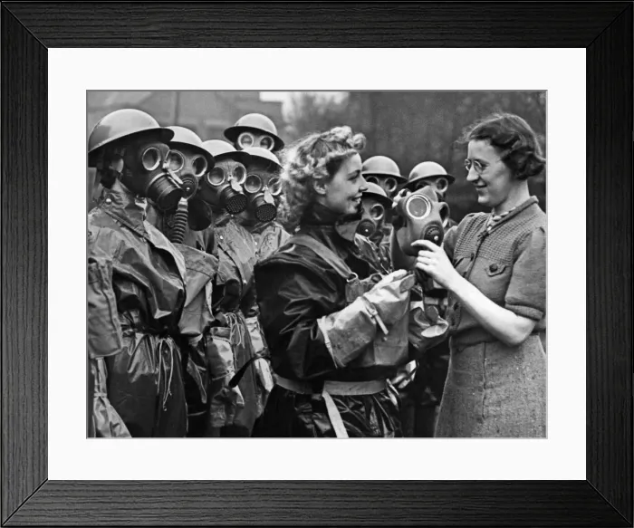 Framed Print : Merseyside ARP team seen here wearing their gas suits and masks. 8th December 1938 Framed Print : Merseyside ARP team seen here wearing their gas suits and masks. 8th December 1938
