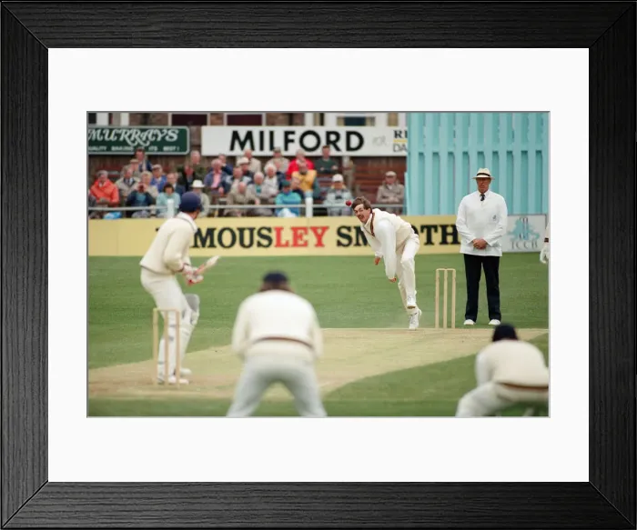 Framed Print : Durham v Somerset. Durham left arm paceman Simon Brown sends down another delivery as