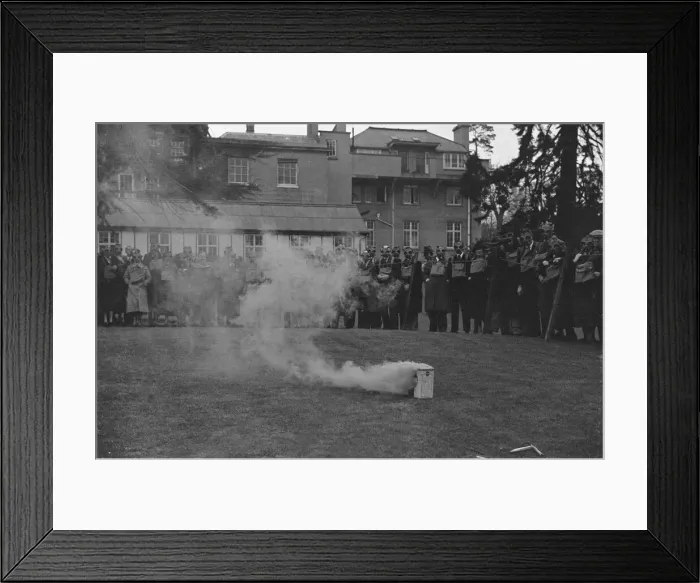 Framed Print : A. R. P. demonstration at Esher. Wardens wearing thir gas masks. April 1938 Framed Print : A. R. P. demonstration at Esher. Wardens wearing thir gas masks. April 1938