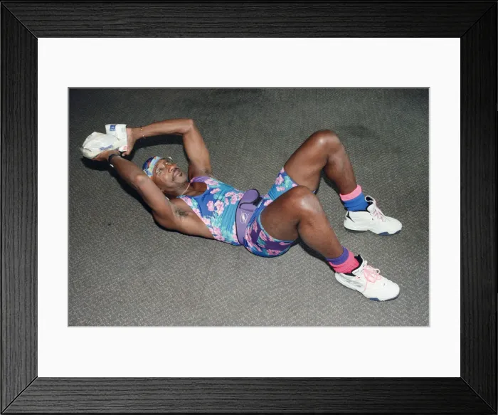 Framed Print : Mr Motivator Derek Evans performing floor exercises. 9th September 1996