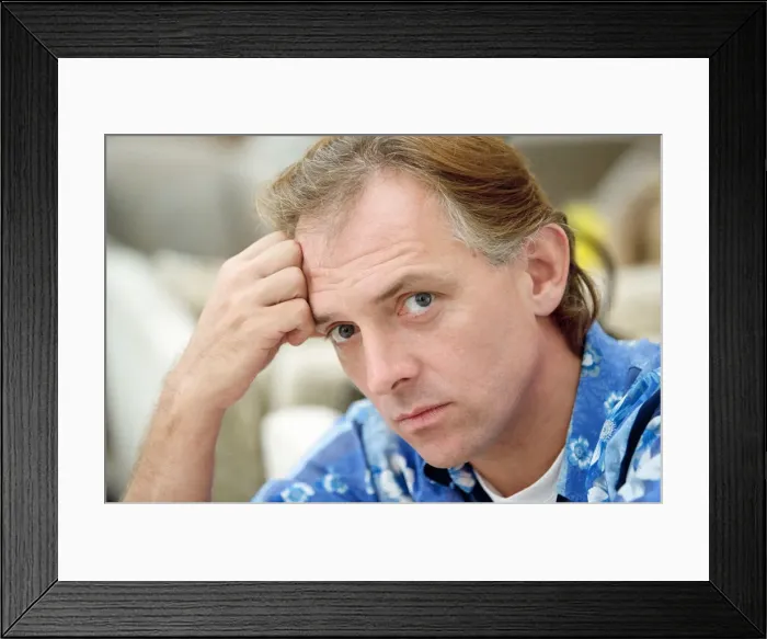 Framed Print : Actor and comedian, Rik Mayall, pictured at home four months after his horrific quad bike