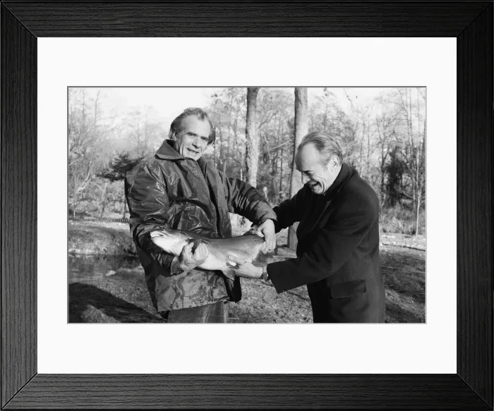 Framed Print : Sam Holland (left), trout farmer with James Pettigrew, hold some of the outsize trout Framed Print : Sam Holland (left), trout farmer with James Pettigrew, hold some of the outsize trout