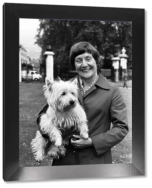 Labour MP Shirley Williams walking her dog. 7th June 1979