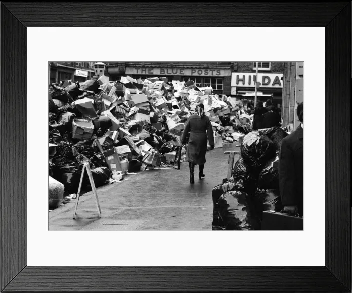 Framed Print : Piles of rubbish in Soho, London, during the dustmens strike. 30th January 1979 Framed Print : Piles of rubbish in Soho, London, during the dustmens strike. 30th January 1979