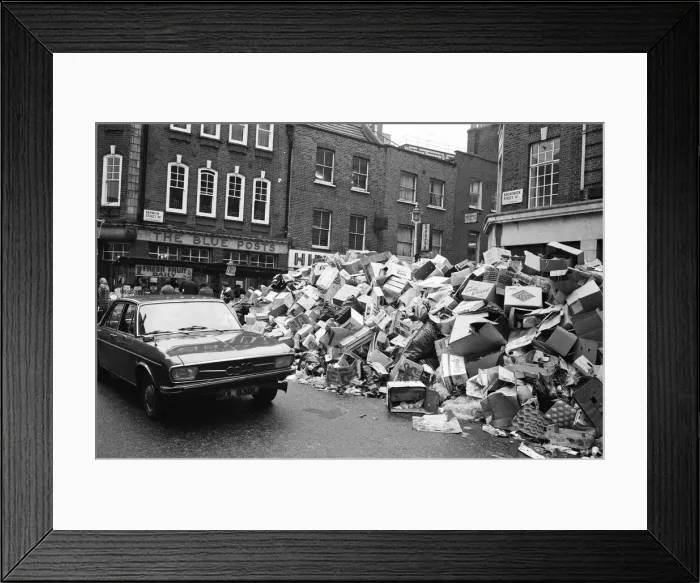 Framed Print : Piles of rubbish in Soho, London, during the dustmens strike. 30th January 1979 Framed Print : Piles of rubbish in Soho, London, during the dustmens strike. 30th January 1979