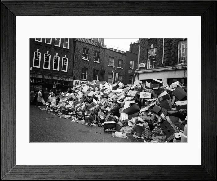 Framed Print : Piles of rubbish in Soho, London, during the dustmens strike. 30th January 1979 Framed Print : Piles of rubbish in Soho, London, during the dustmens strike. 30th January 1979