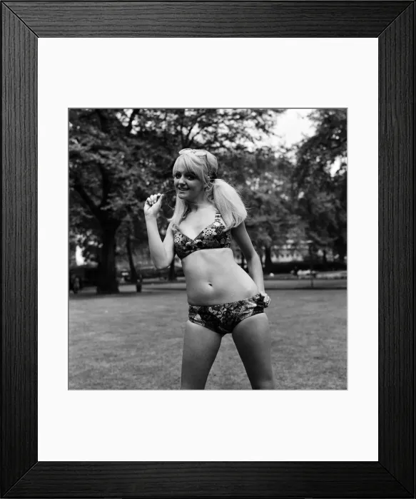 Framed Print : 18 year old Karen Kerr wearing a patchwork bikini made by the Womens Institute Framed Print : 18 year old Karen Kerr wearing a patchwork bikini made by the Womens Institute