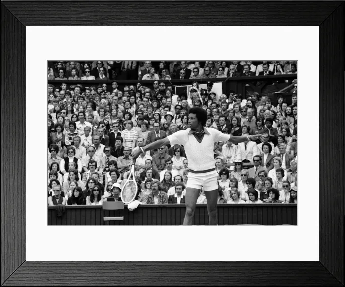 Framed Print : Arthur Ashe playing against Jimmy Connors in the Wimbledon Gentlemens Singles final Framed Print : Arthur Ashe playing against Jimmy Connors in the Wimbledon Gentlemens Singles final