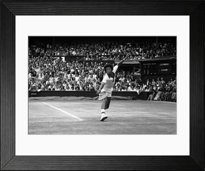 Framed Print : Arthur Ashe playing against Jimmy Connors in the Wimbledon Gentlemens Singles final Framed Print : Arthur Ashe playing against Jimmy Connors in the Wimbledon Gentlemens Singles final