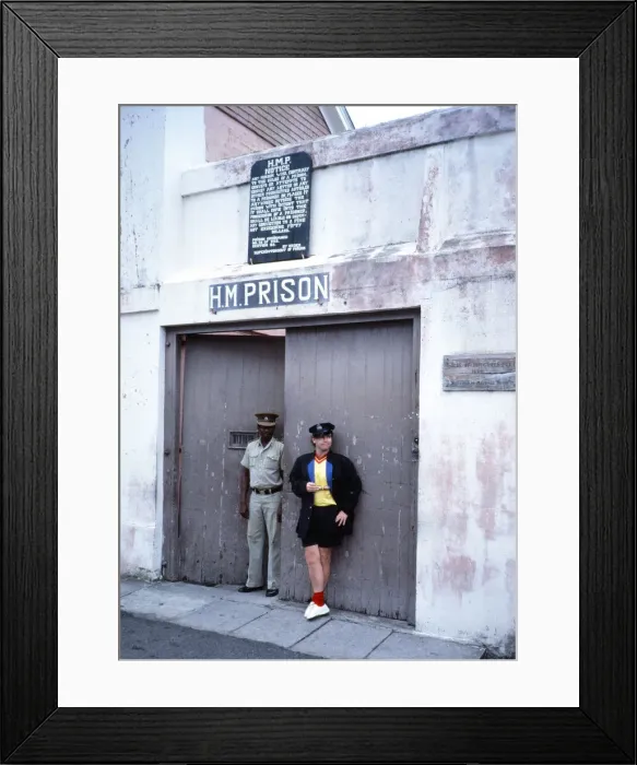 Framed Print : Elton John wearing a Watford F. C. shirt on the Caribbean island of Montserrat