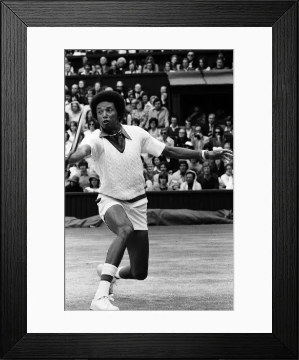 Framed Print : Arthur Ashe playing against Jimmy Connors in the Wimbledon Gentlemens Singles final Framed Print : Arthur Ashe playing against Jimmy Connors in the Wimbledon Gentlemens Singles final