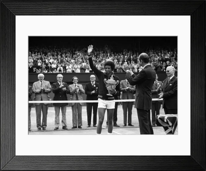 Framed Print : Arthur Ashe receives the trophy from the Duke of Kent after he defeated the defending Framed Print : Arthur Ashe receives the trophy from the Duke of Kent after he defeated the defending