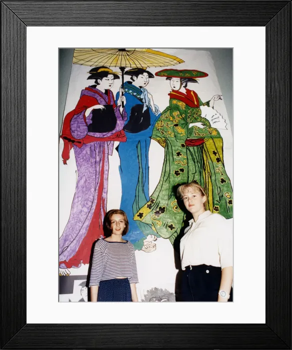 Framed Print : Mandy Barron, right, with Paula Conway, in front of large paintings go Japanese woman
