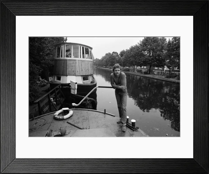 Framed Print : Richard Branson aboard his houseboat  /  office at Maida Vale, London. 31st July 1982