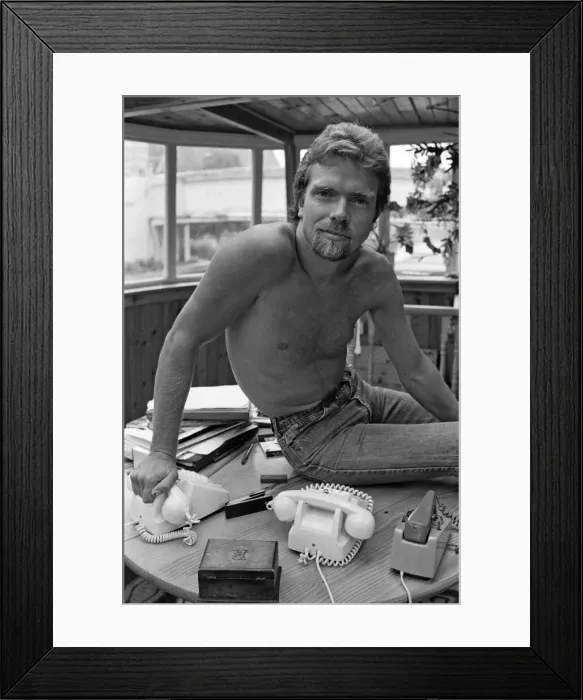 Framed Print : Richard Branson aboard his houseboat / office at Maida Vale, London. 31st July 1982 Framed Print : Richard Branson aboard his houseboat / office at Maida Vale, London. 31st July 1982