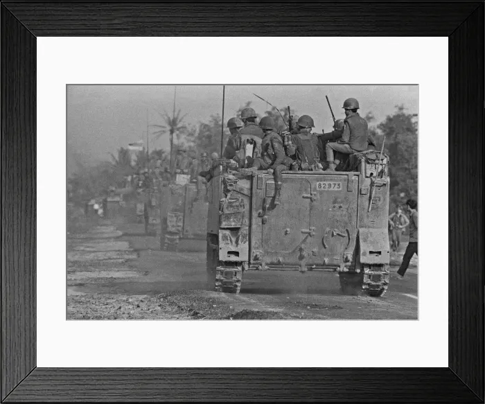 Framed Print : Soldiers of the South Vietnamese army advance on Viet Cong positions in Trang Bang just Framed Print : Soldiers of the South Vietnamese army advance on Viet Cong positions in Trang Bang just