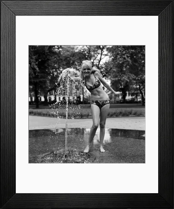 Framed Print : 18 year old Karen Kerr wearing a patchwork bikini made by the Womens Institute