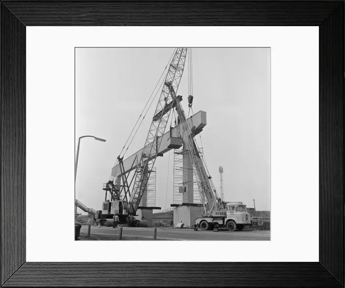 Framed Print : Section of A19 is lifted into position, Middlesbrough, Circa 1973. Harvey Plant Hire