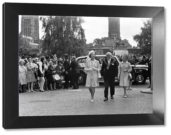 Queen Elizabeth II visits the Precinct, Coventry, with the Lord Mayor and Mayoress