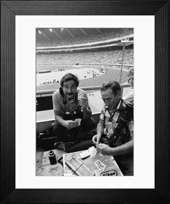 Framed Print : The 1976 Summer Olympics in Montreal, Canada. Pictured, press photographers playing cards Framed Print : The 1976 Summer Olympics in Montreal, Canada. Pictured, press photographers playing cards