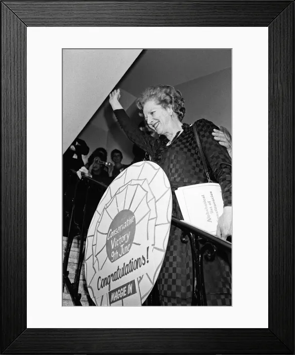 Framed Print : Prime Minister Margaret Thatcher celebrates at Conservative party headquarters after
