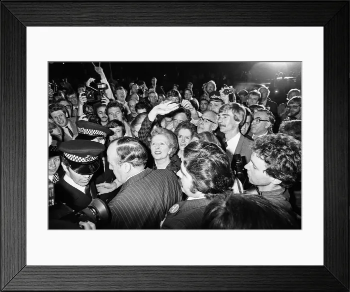 Framed Print : Prime Minister Margaret Thatcher waves to the crowds of her supports as she arrives Framed Print : Prime Minister Margaret Thatcher waves to the crowds of her supports as she arrives