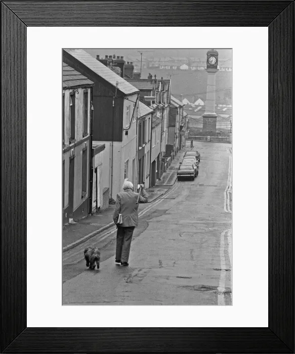 Framed Print : Labour Party Leader Michael Foot walks his dog Dizzie in Tredegar, Gwent
