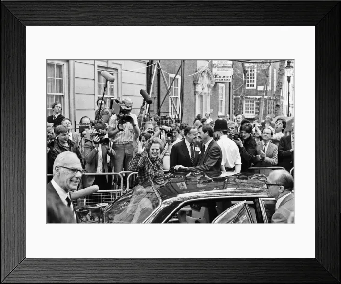 Framed Print : Prime Minister Margaret Thatcher and husband Denis emerge from Conservative Party