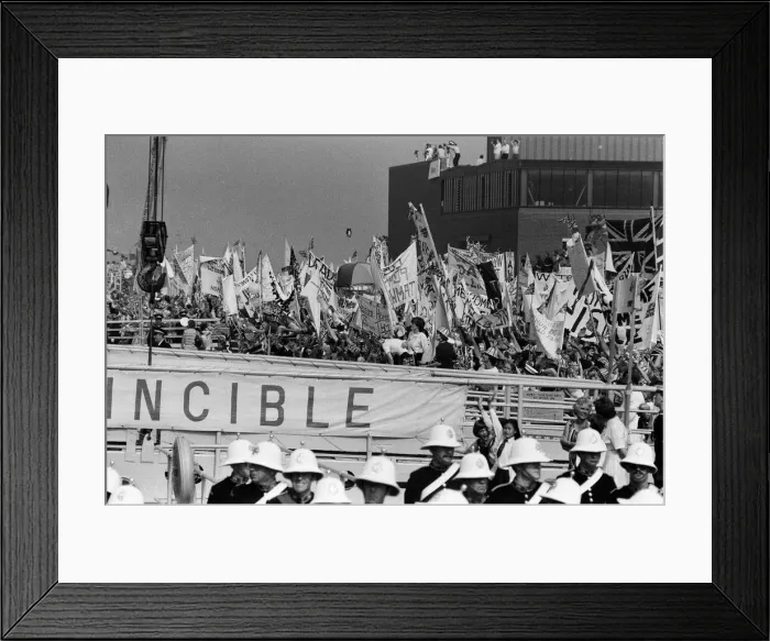 Framed Print : The carrier HMS Invincible sailed home from the Falklands to a tumultuous welcome Framed Print : The carrier HMS Invincible sailed home from the Falklands to a tumultuous welcome