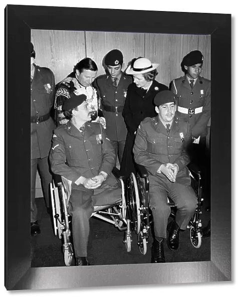 British Prime Minister Margaret Thatcher meets disabled veterans at the Falklands Victory